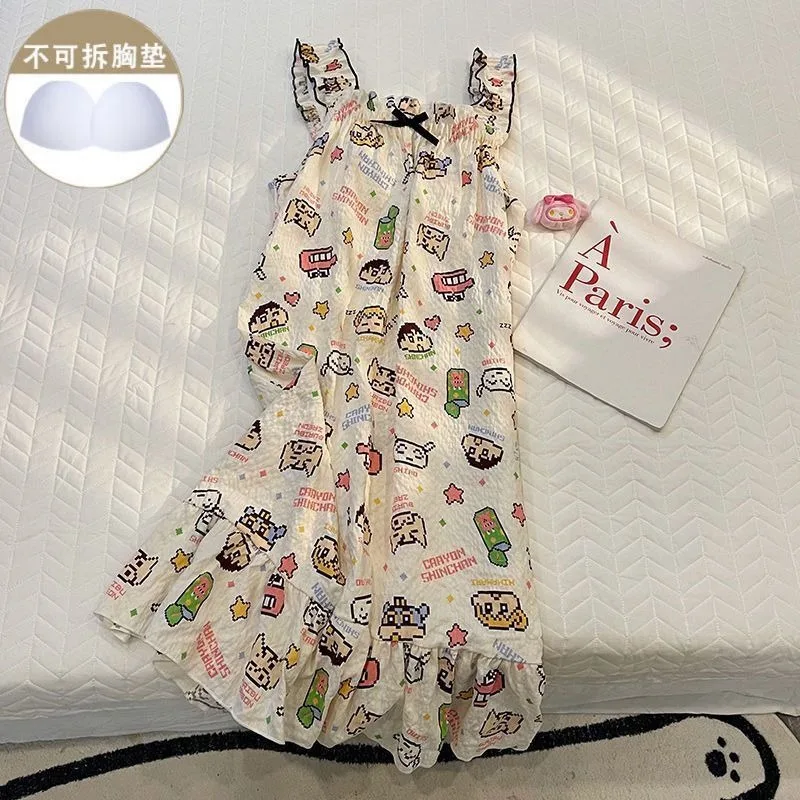 

Crayon Shin-chan Young Girl Nightdress Kawaii Cartoon Student Summer Sleeveless with Bra Pads Pajamas Homewear Set Dress