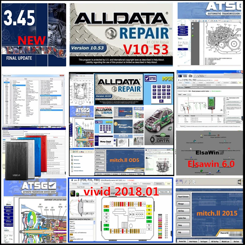 Newest auto repair alldata 10.53 software Alldata 2014 year autodata 3.45 vivid 2018.1 elsawin 6.0 atsg 2017 software in 1TB HDD