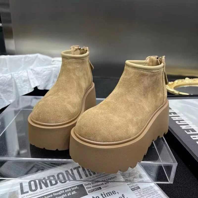 Sepatu bot salju Ankle Suede sapi, sepatu datar dengan ritsleting kualitas tinggi ujung bulat padat ringkas 2024