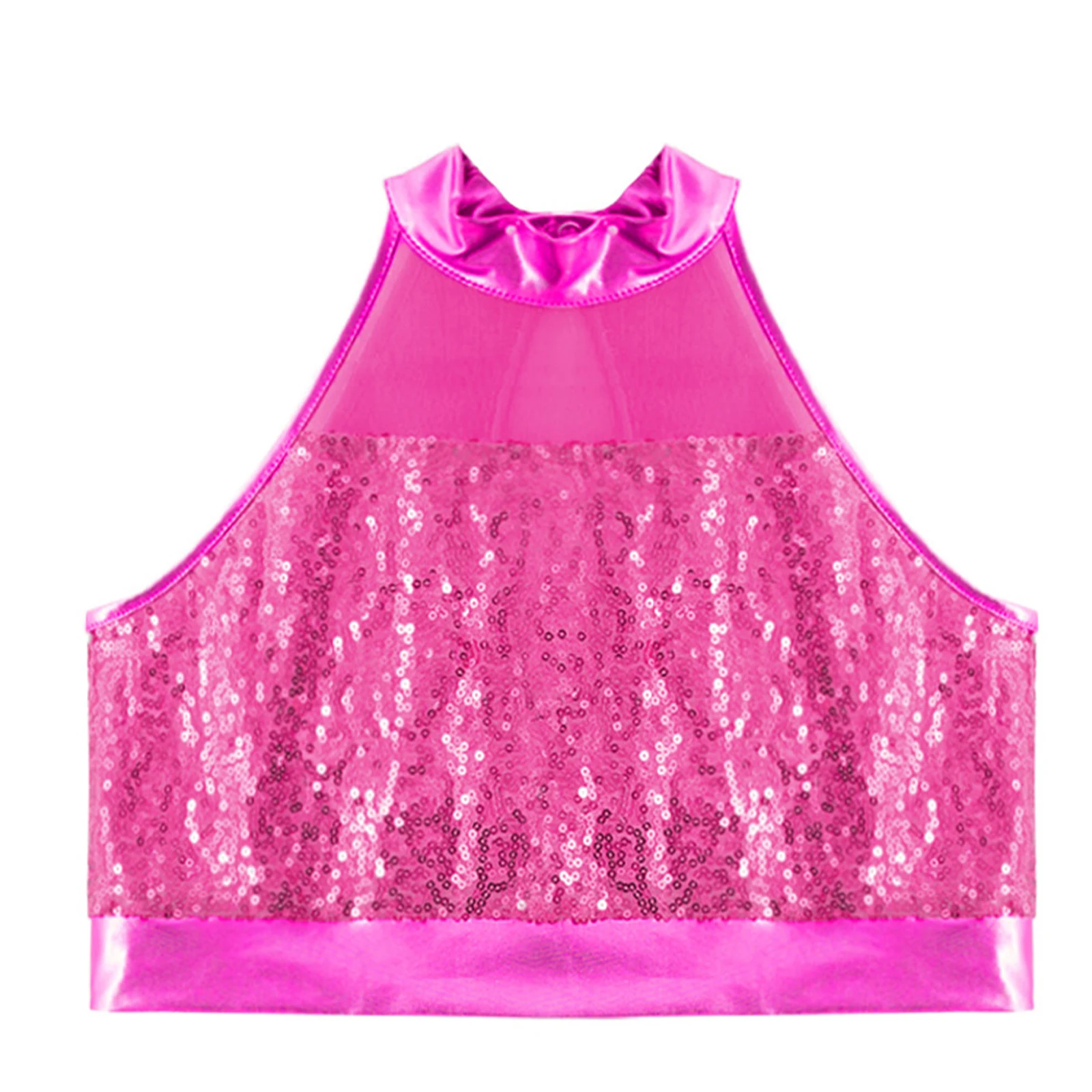 Kids Girls Jazz Modern Samba Tango Dance Tops Performance Costume Shiny Sleeveless Mock Neck Glitter Sequin Crop Top Dancewear