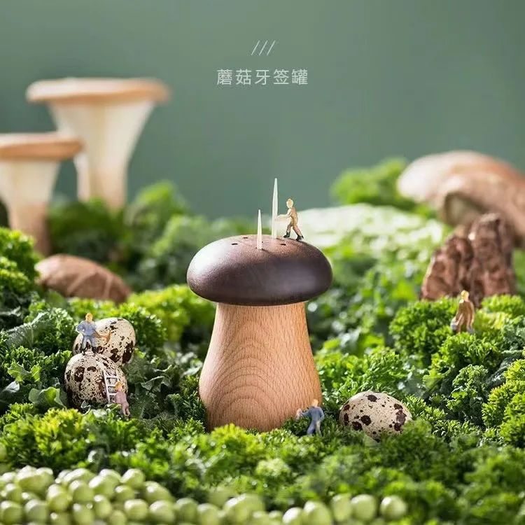 

Unique Cute Mushroom-Shaped Toothpick Holder with Double-Compartment Solid Wood Design for Household Use