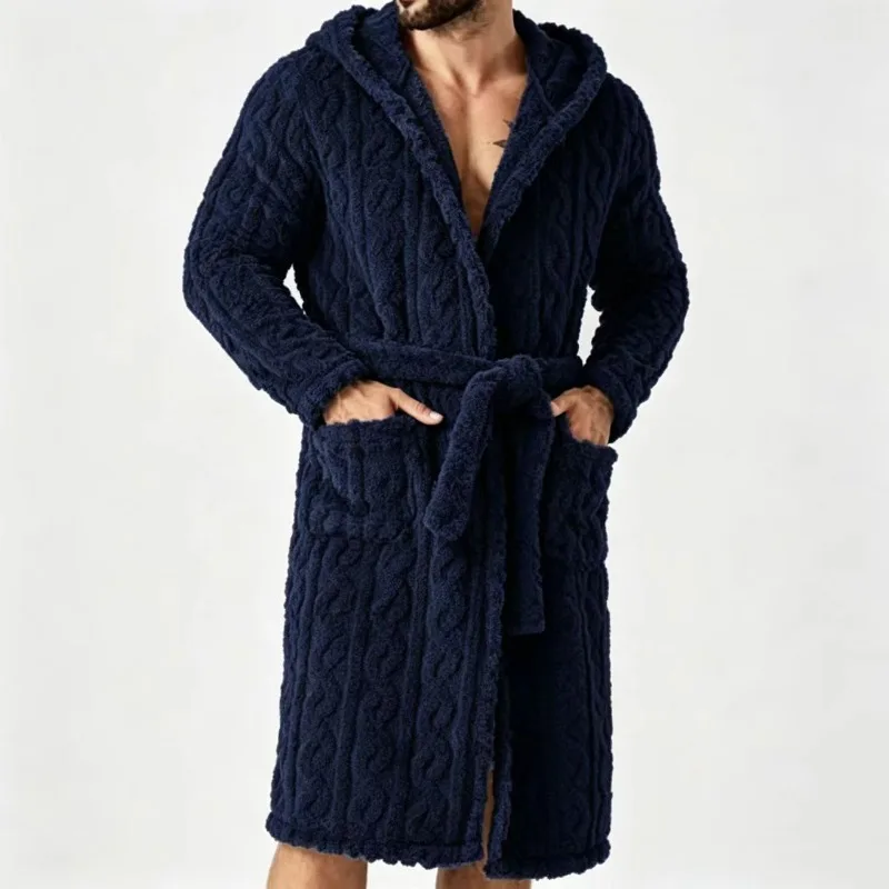 Men Hooded Fleece Bathrobe Cable Warm Long Robe with Pockets Winter Home Loungewear Mens Sleepwear