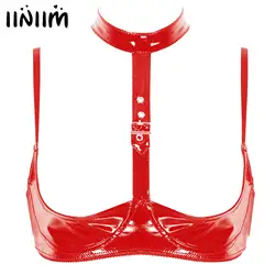 Womens Porno Sexy Bras Underwear Wet Look Patent Leather Lingerie Bralette Halter Neck Breast Open Cups Wire-free Shelf Bra Top