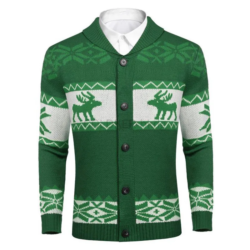 

COLDKER Autumn Winter Men's Christmas Cardigans Xmas Sweaters Man Reindeer Snowflake Shawl Collar Knitted Cardigan Sweatercoat