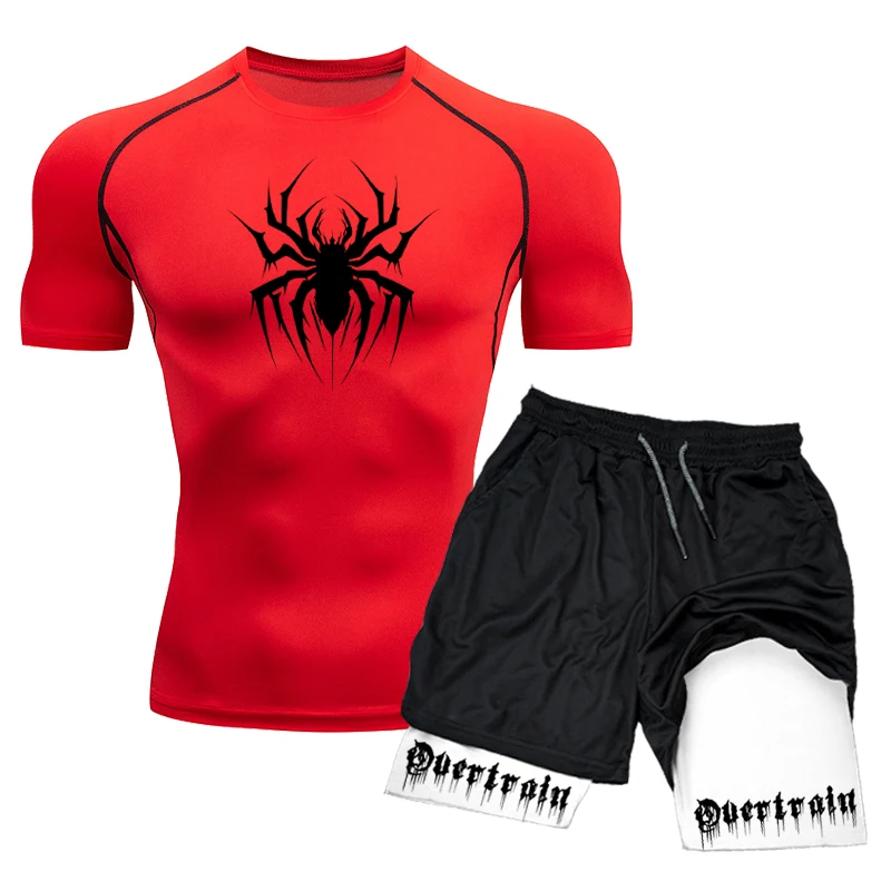 Men\'s Workout Compression Set Y2K Spider Printed Gym Tshirts Breathable Running Shorts Quick Dry Sports Rash Guard Sportwear Set