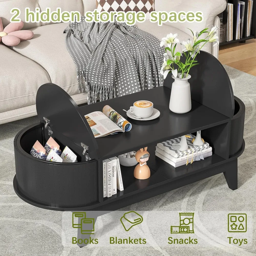 Mesa de centro con 2 almacenamientos ocultos, mesa de centro moderna de mediados de siglo con acabado estriado, mesas centrales de madera mesas de centro ovaladas con