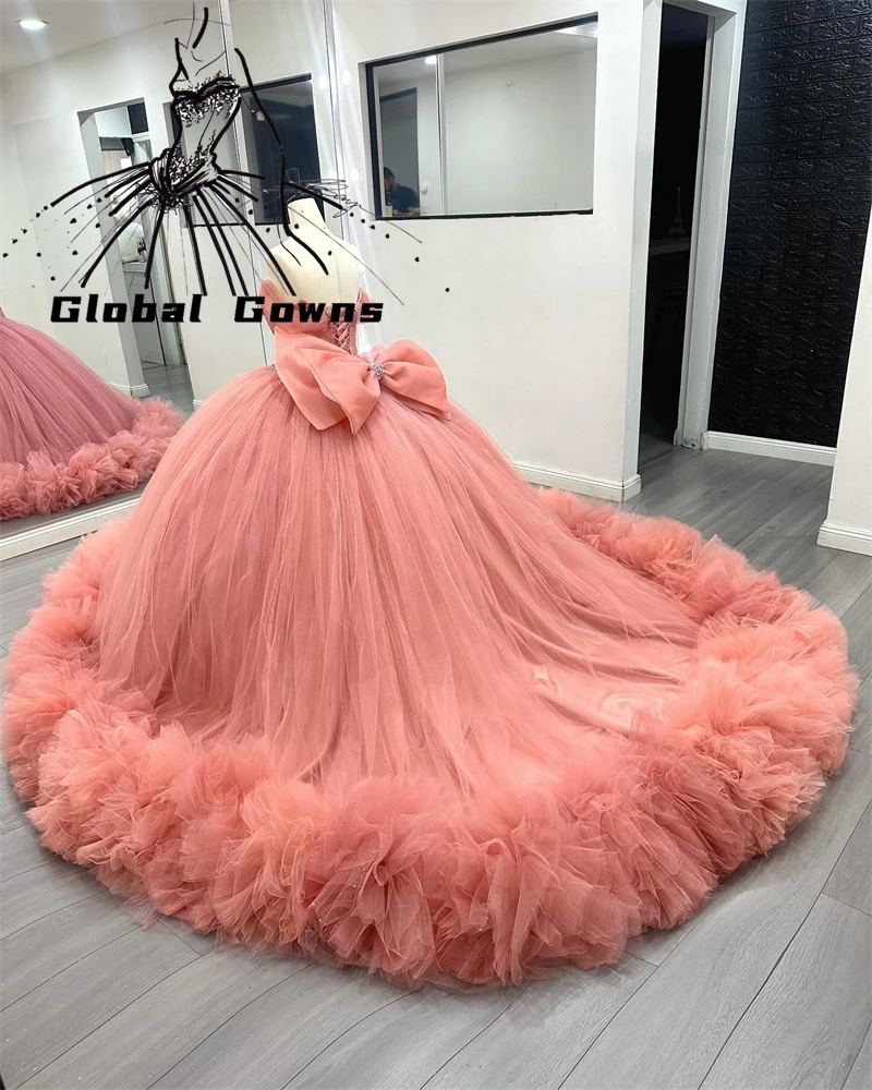 Mexico Peach Off The Shoulder Bead Crystal Quinceanera Dresses Ball Gown Bow 2025 Birthday Luxury Dress Ruffles Formal Gown