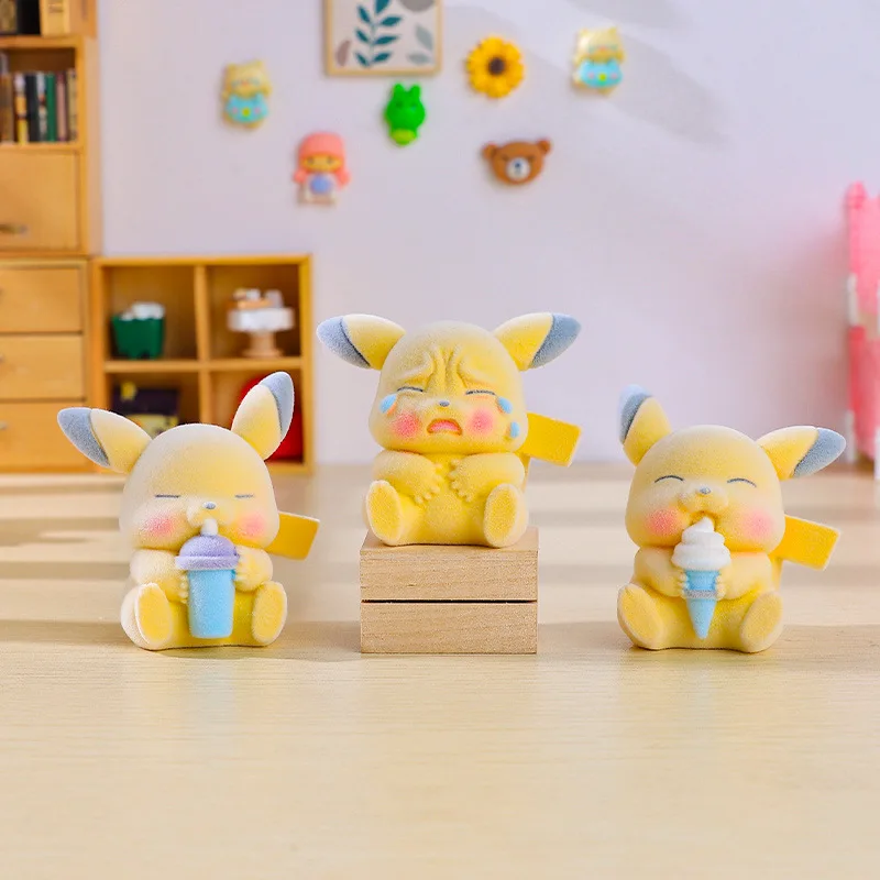 Pikachu No Worries Flocking Model Ornaments Blind Box Toy Surprise Doll Resin Handicraft Ornaments Christmas Present