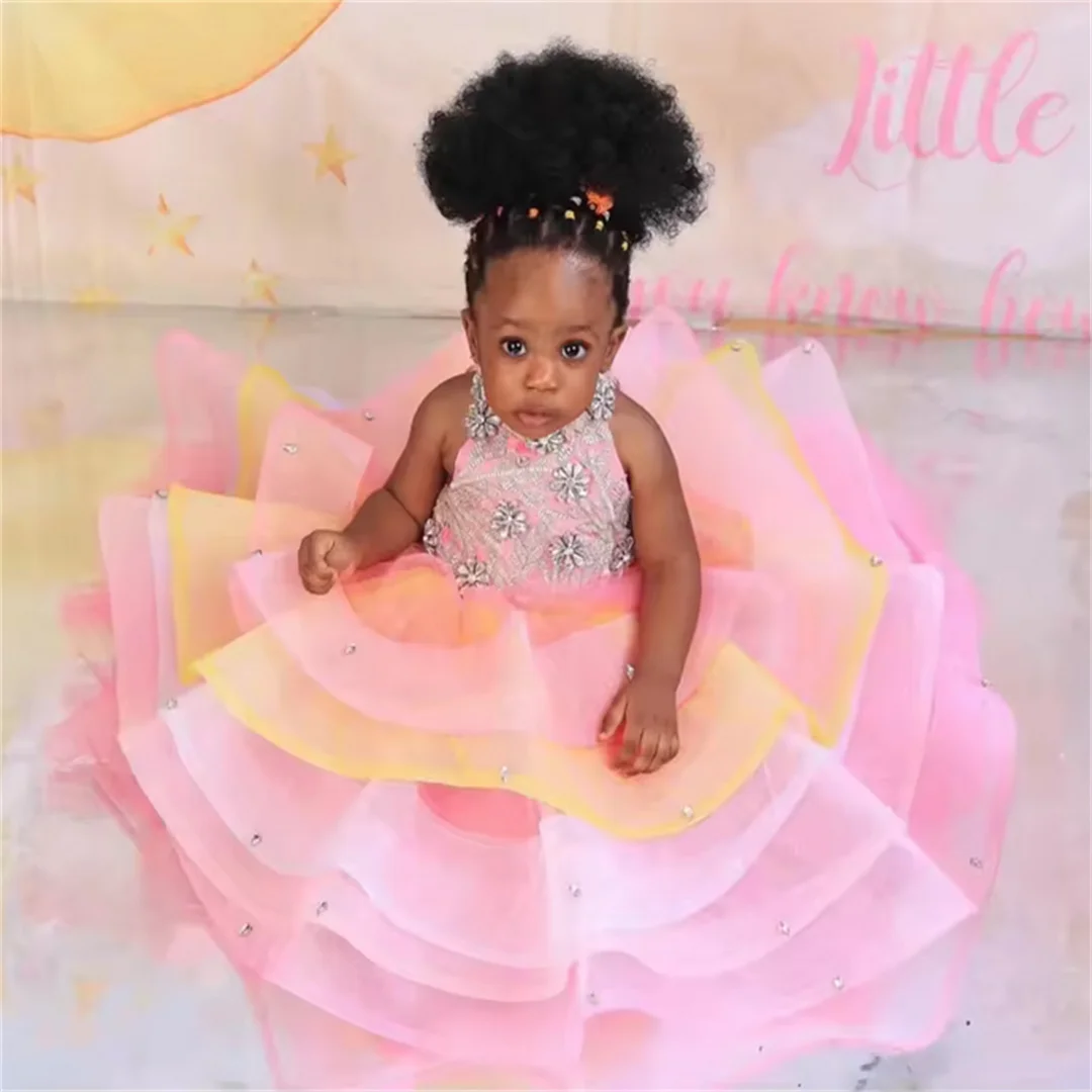 Customized Gorgeous Flower Girl Dresses For Wedding High Collar Crystal Cute Toddler First Birthday Photo Shoot Performance Gown