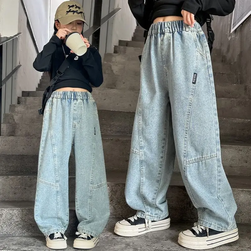 Spring Teen Girls Patchwork Design Jeans Cool Streetwear Kids Blue Denim Pants Ashionable Casual Wide-leg Trousers Clothes