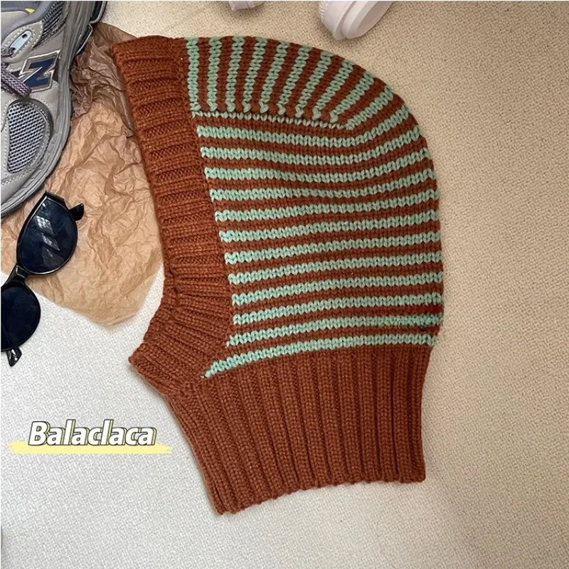 Koreański Ins w stylu Vintage, w paski kominiarki jesienne i zimowe słodkie jednoczęściowe czapki typu beanie dla mężczyzn z dzianiny duszone jajka