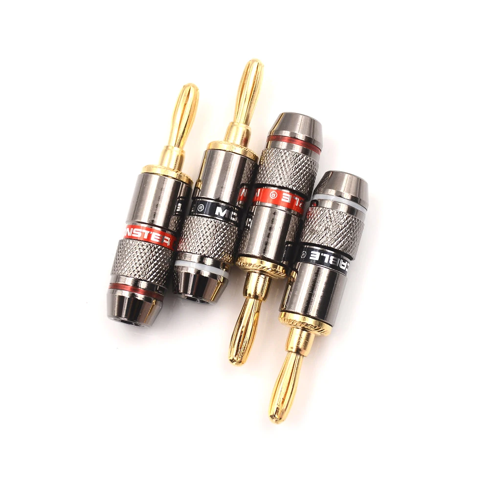 【B】4pcs Gold Plated BFA 4mm Banana Plug Male Speaker Connector Adapter (2 Red+2 Black) Banana Plug