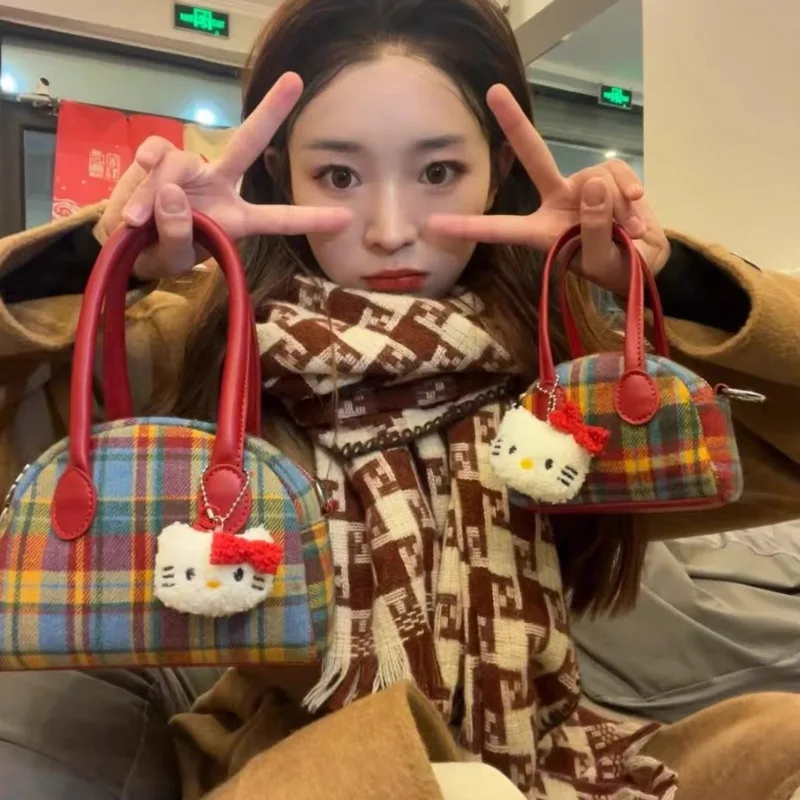 Miniso Vintage Hellokitty Red Shell Bags Plaid Patchwork Cute Small Handbags Two Size Kitty Doll Messenger Bags Kawaii Bag Girls