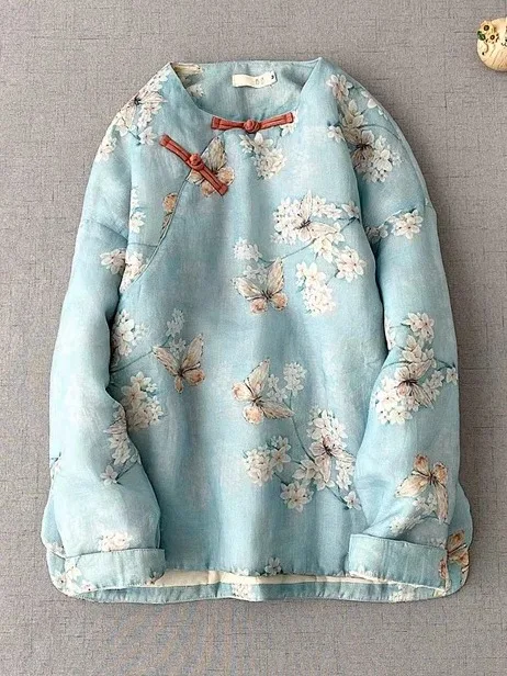 

Thiened Cotton Jaet Women's Large Size New Chinese Sle Artistic Casual Cotton Clothes Floral Print round Ne Long Sve
