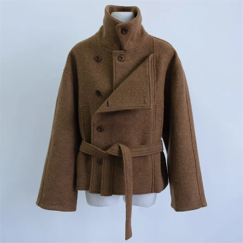 

Women's coat New asymmetrical lapel long sleeved top for winter 2025 belt slim fit women's winter jacket Wool blend woolen coat