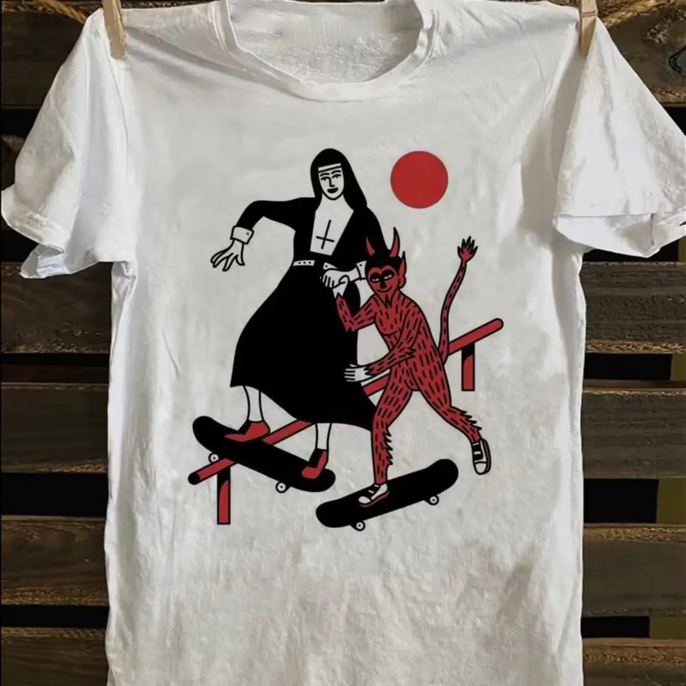 Designed with A Nun and Devil Skateboard Pattern, Suitable for Halloween Themed Summer Fashion Essentials