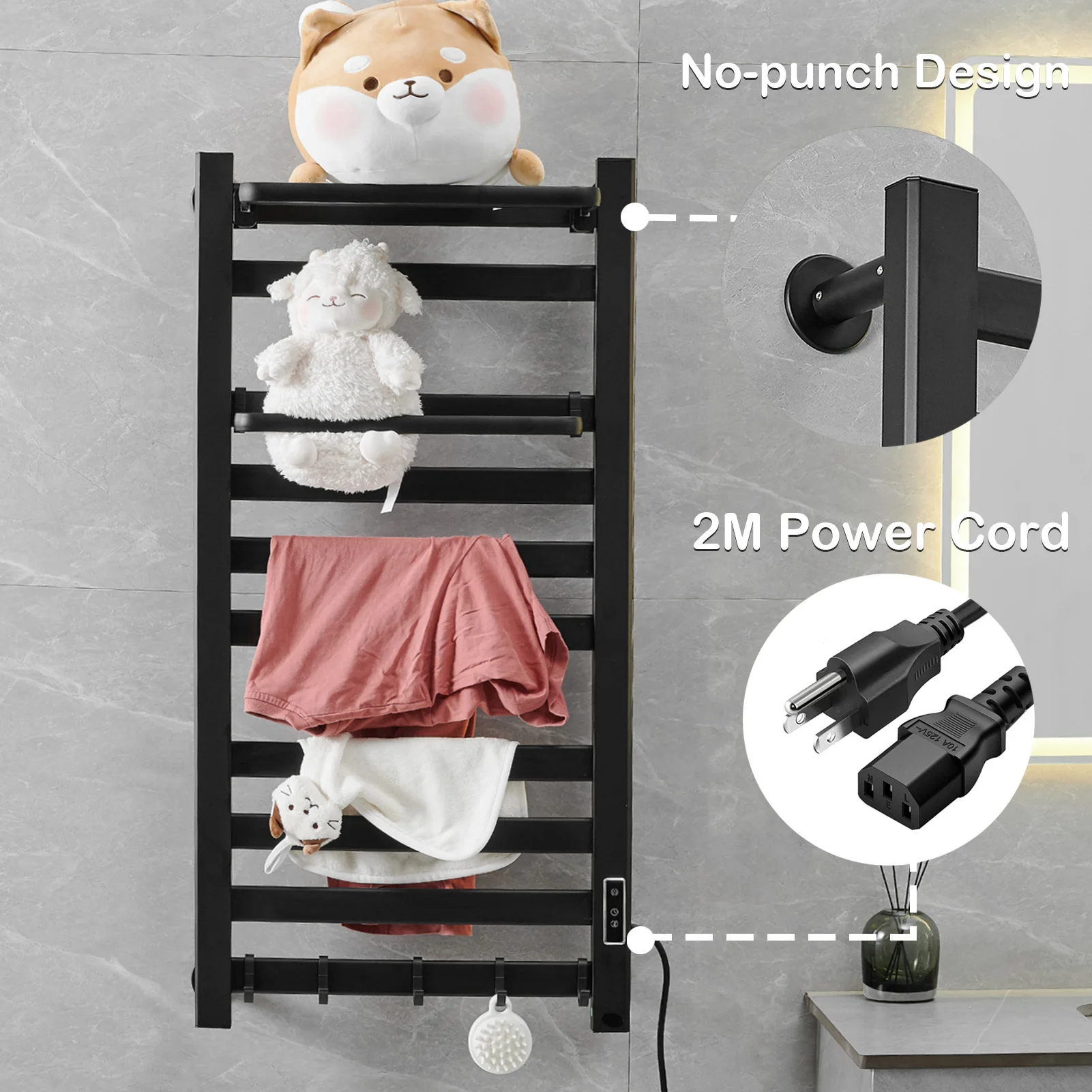 Black Electric Heating Towel Rack Thermostatic Dry Bathroom Touch Digital Display Towel Wall Mounted Saving Electric