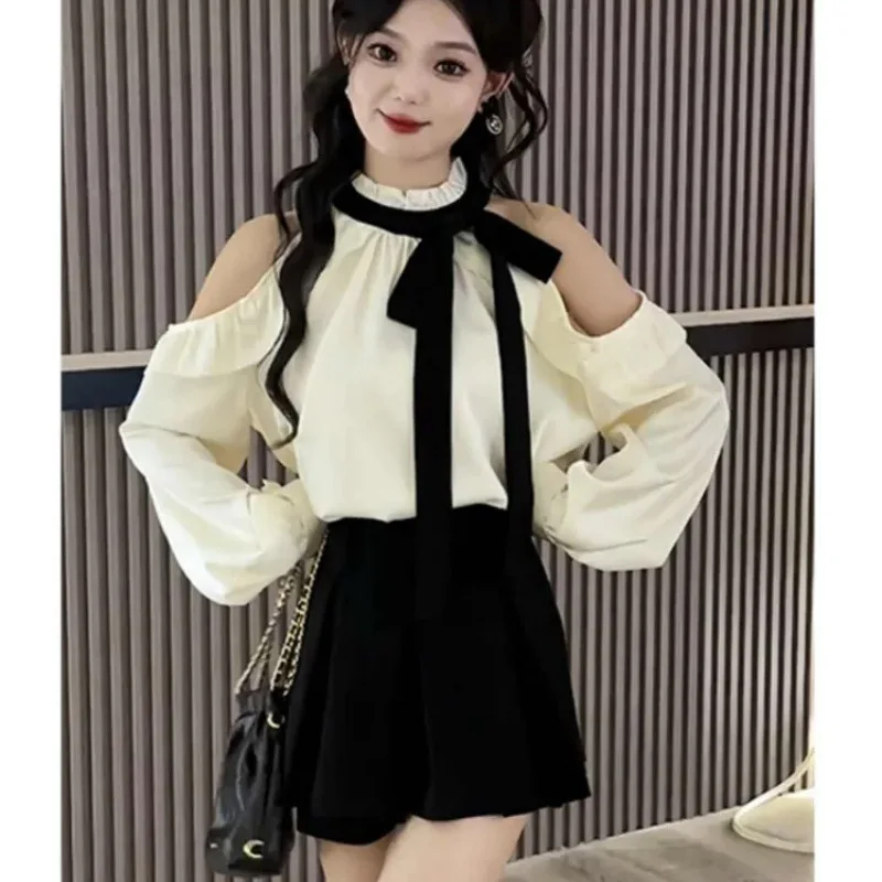 النمط الفرنسي الكتف عارية قميص أعلى ونصف تنورة قطعتين مجموعة المرأة تصميم الأزياء لباس غير رسمي نسيج البوليستر #2