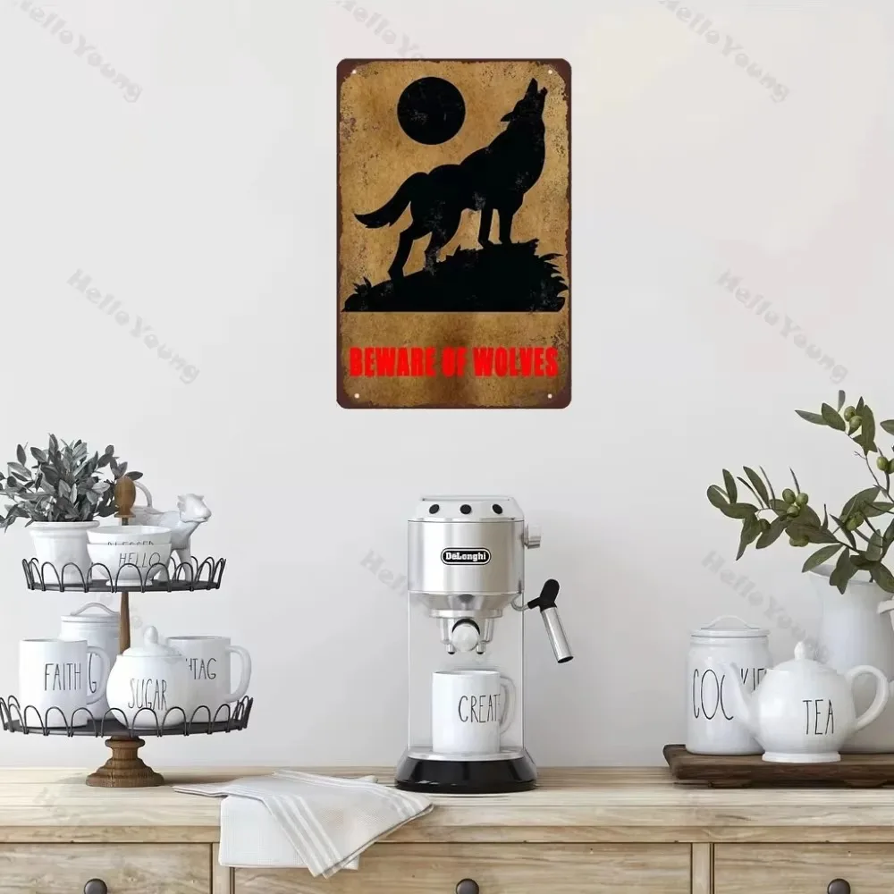 Безрамный ретро металлический постер BEWARE OF WOLVES — украшение в художественном стиле для охоты, добавляет форму флера до двора, фермы, горы и полевых настроек