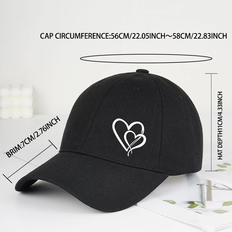 Stylish Soft-Peak Baseball Cap with Double Heart Stripe Print—Casual Outdoor Hat Perfect for Beach Vacations and Couples