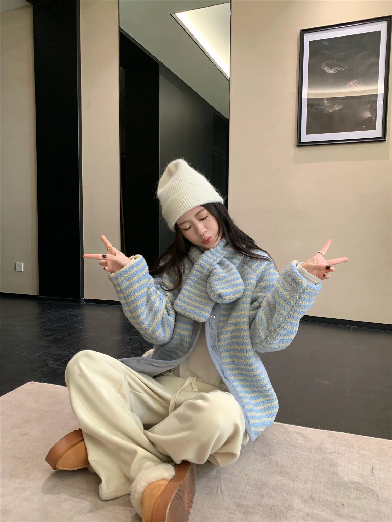 Korean Sweet Two Side Wear Padded Jacket Women Fleece Lined Thick Warm Parkas Woman Lazy Style Stripe Scarf Winter Jackets