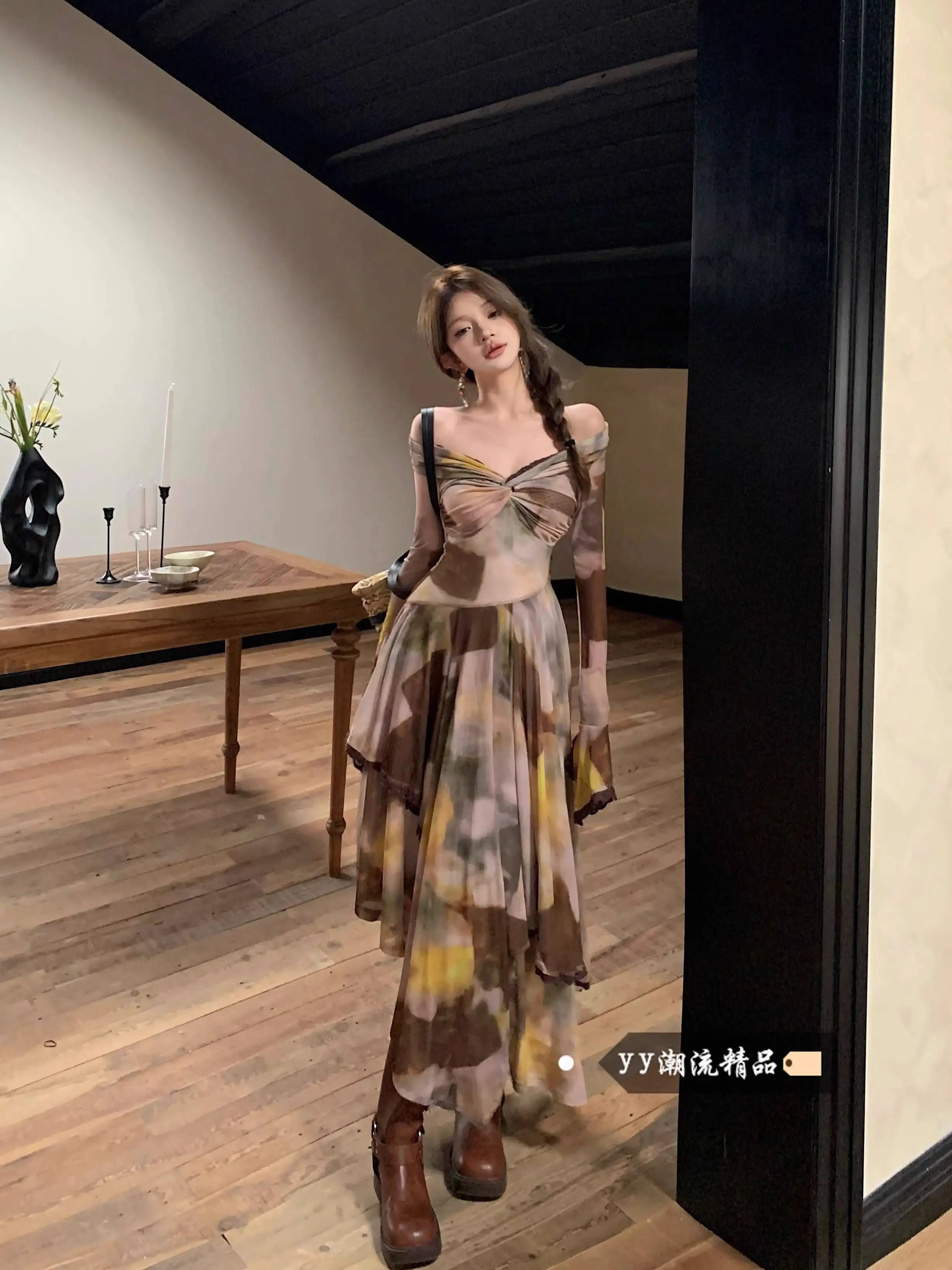 

Women's Summer Floral Long Sleeve Dress Asymmetric Hem Wasteland Style Stretchy Design Unique Long Skirt