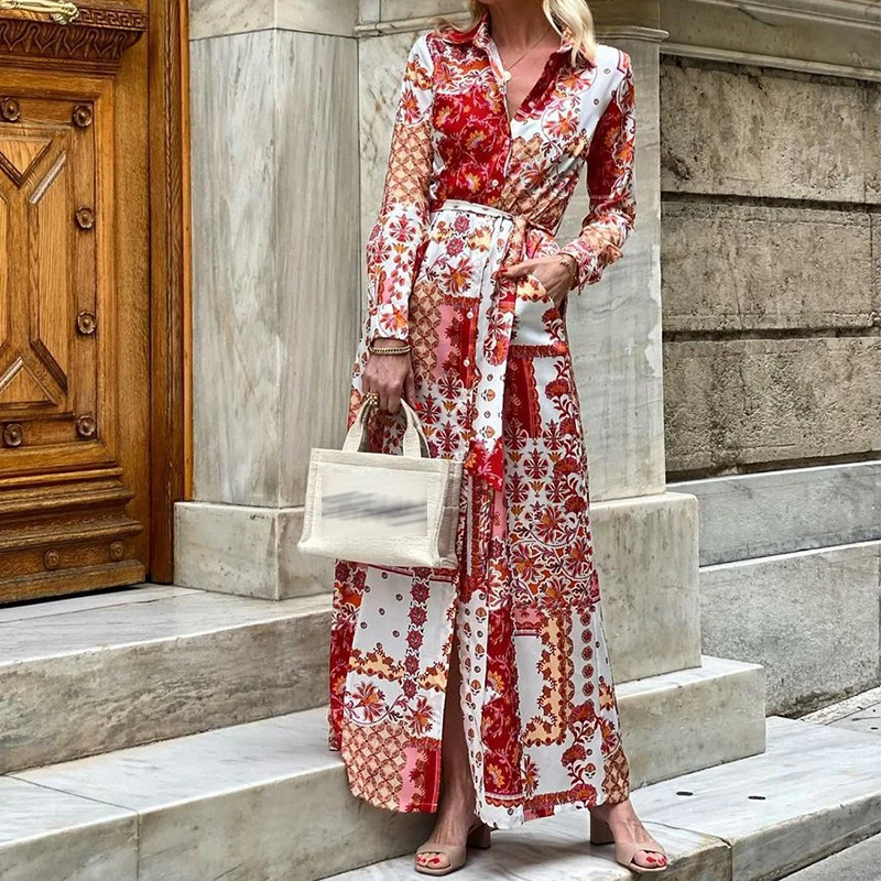 Vestido de camisa vintage elegante de peito único feminino, estampa gráfica Bohe, vestido feminino com cordões, vestidos de praia bolsos, 2023