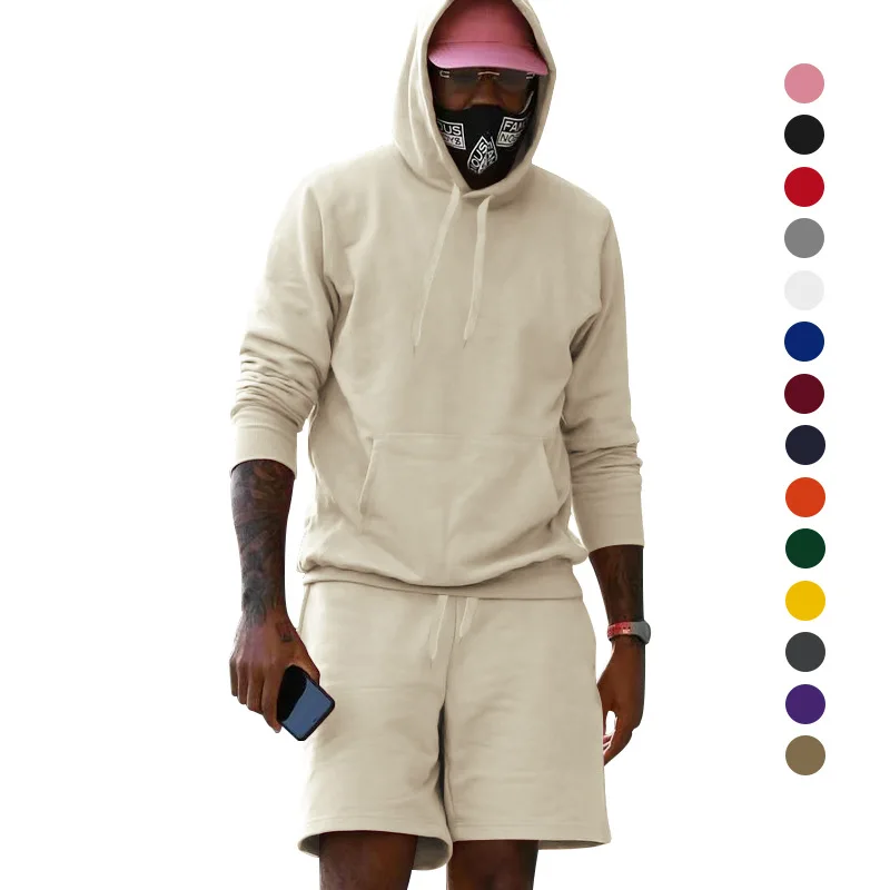 

2PCS set Men's Add Velvet Hooded Long Sleeved Hoodie Shorts Two-piece Loose Solid Color Casual Sports Men's Suit