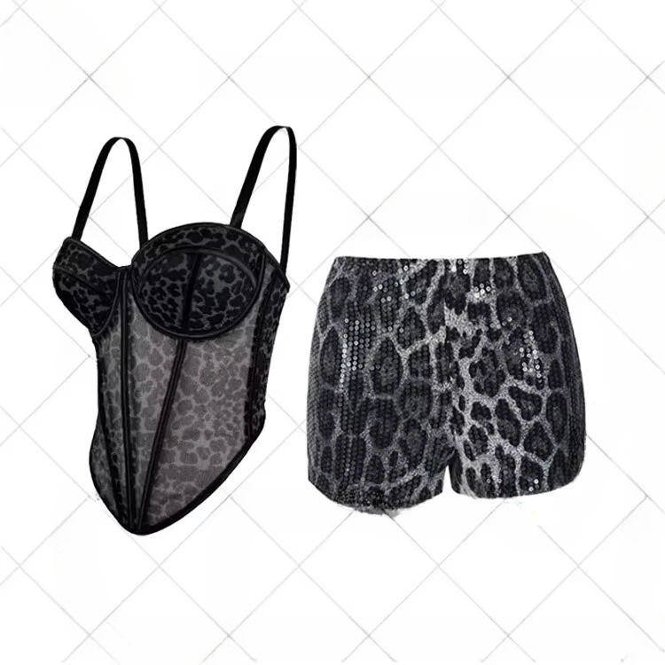 Sexy Leopard Print Two Piece Sets Women Backless Fishbone Corset Top + Sequined Leopard Shorts Outfits