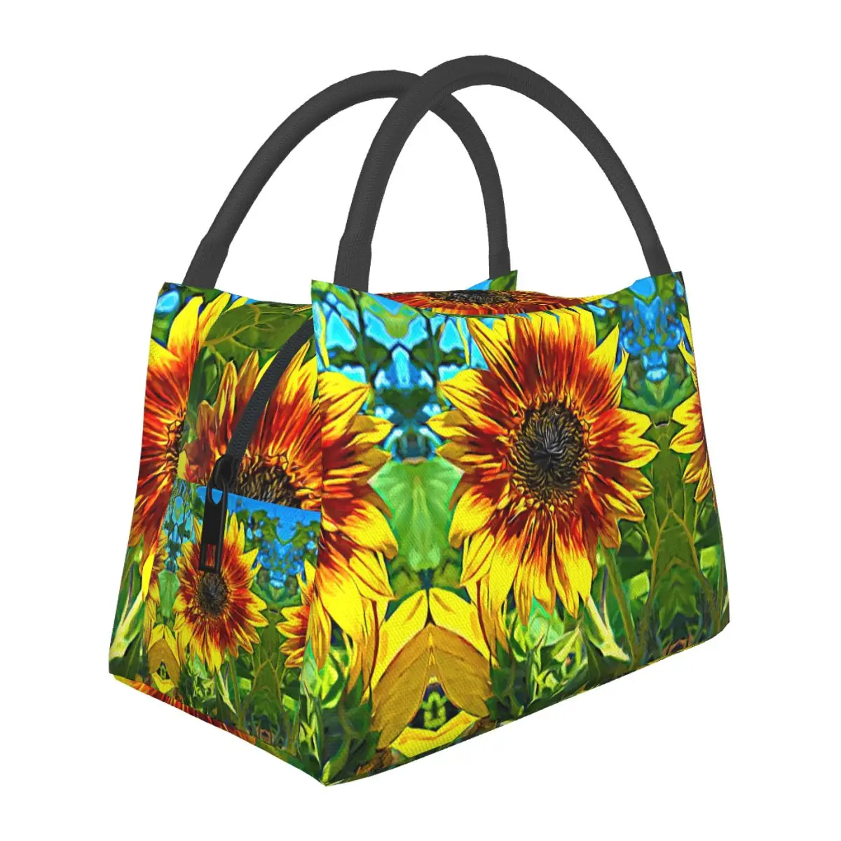 Floral Oil Painting Lunch Bag Sunflower Retro Lunch Box Picnic Portable Zipper Thermal Lunch Bags Print Cooler Bag