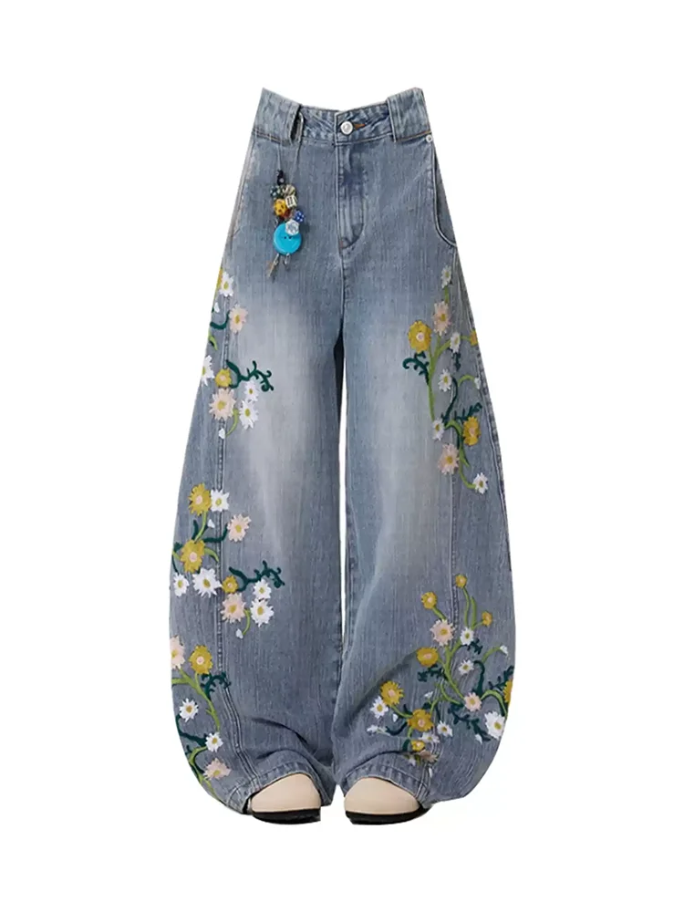 Women's Blue Floral Embroidery Jeans Cargo Baggy Y2K American High Street Fashion 2000S Retro Wide Leg Denim Pants Clothing New