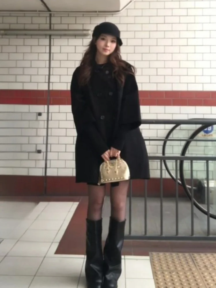 

Hebe Sle, высококачественное двубортное шерстяное пальто Bla, женское пальто, новинка 2025, шерстяное пальто средней длины, прямой крой, для поездок на работу