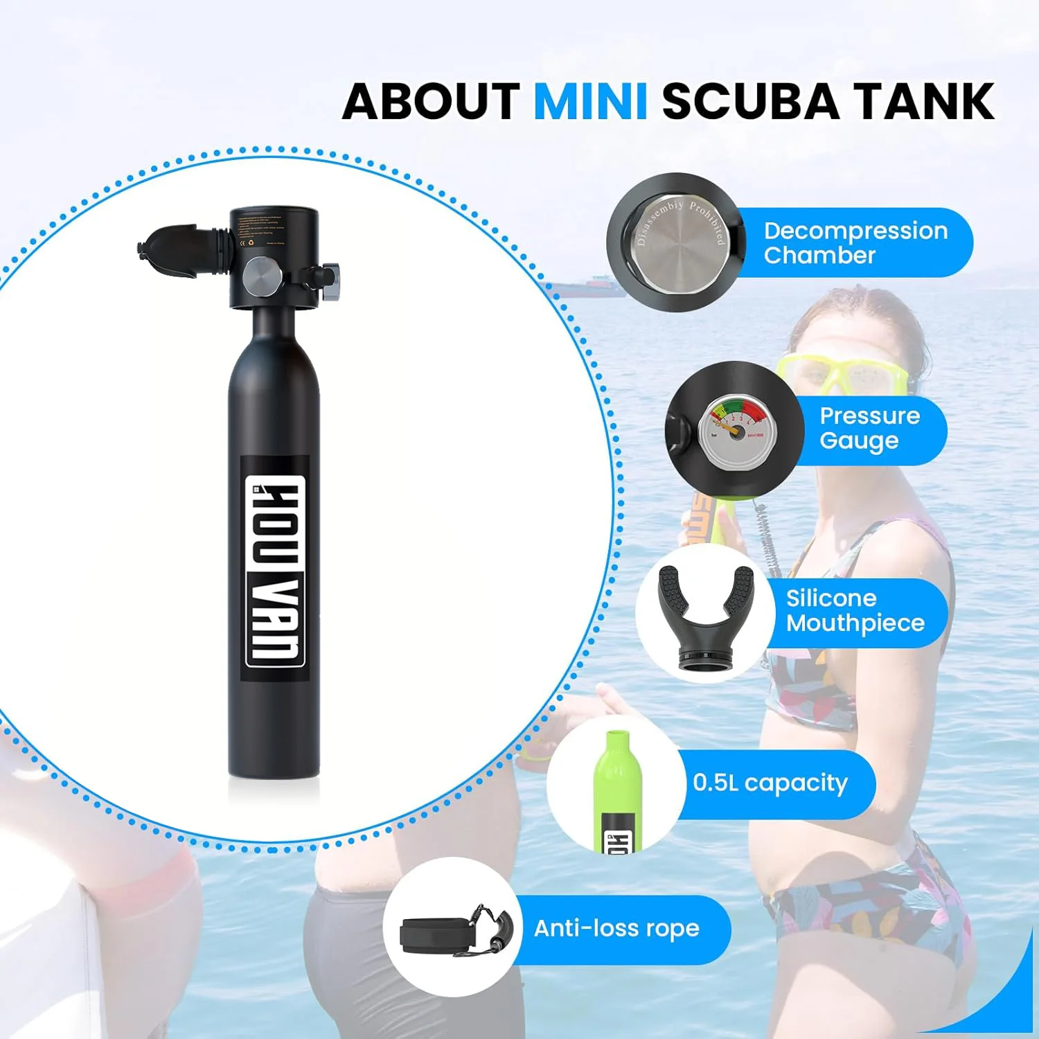 HOUVAN H300P Mini 0.5L Scuba Diving Tank Diving Cylinder Dive Equipment Portable Pony Bottle for Underwater tanks