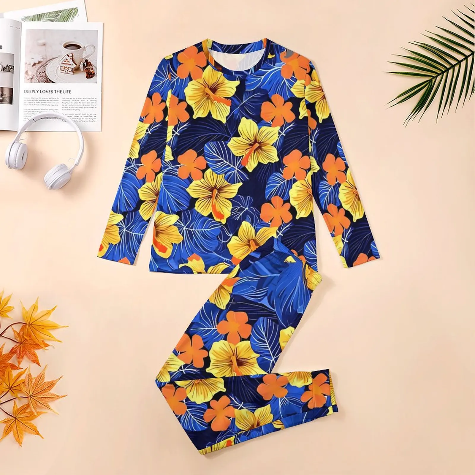 Tropical Flower Pajamas Autumn 2 Pieces Hibiscus Floral Print Lovely Pajama Sets Mens Long Sleeves Night Custom Sleepwear