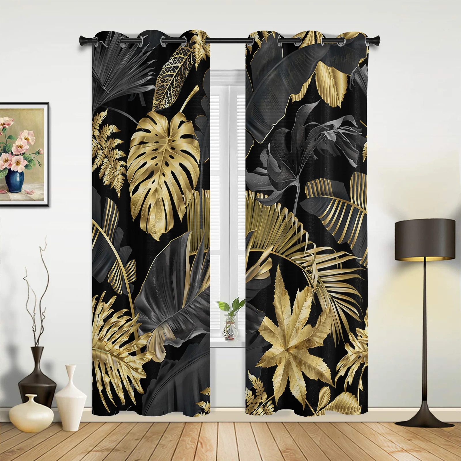 Golden Leaves Black Background Window Curtains Kids Room Living Room Curtain Panels Valance Curtains for Kitchen