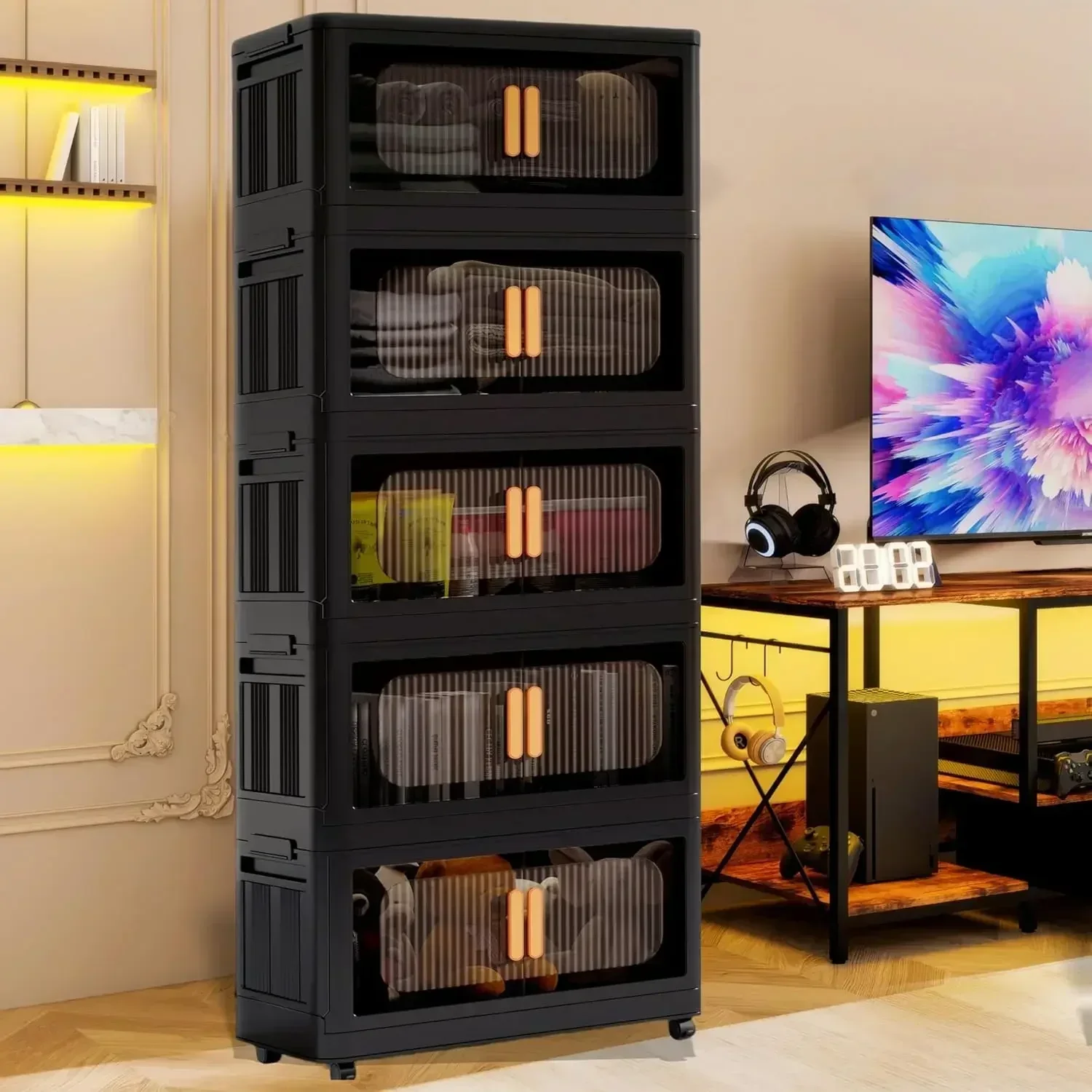 

[Hot Sale, Limited Stock!]Closet Organizers and Storage, Plastic Cabinet, Stackable Storage Bins, Open Front with Magnetic Door