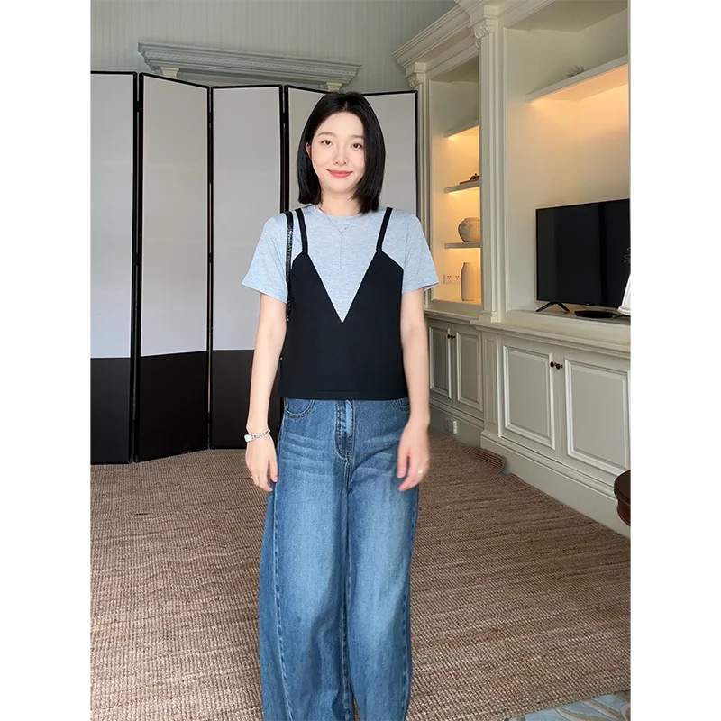 

Wool Blend Short Sleeve Knitted Splice Color Block Slimming Fake Two-Piece Summer Top for Women Fashionable Casual Wear