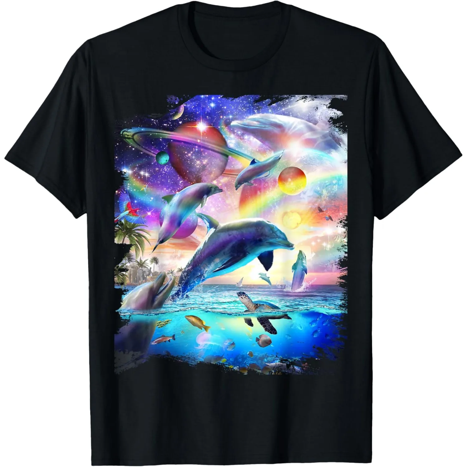 Space Dolphin Galaxy Print Casual Men's Round Neck T-Shirt Breathable Cotton