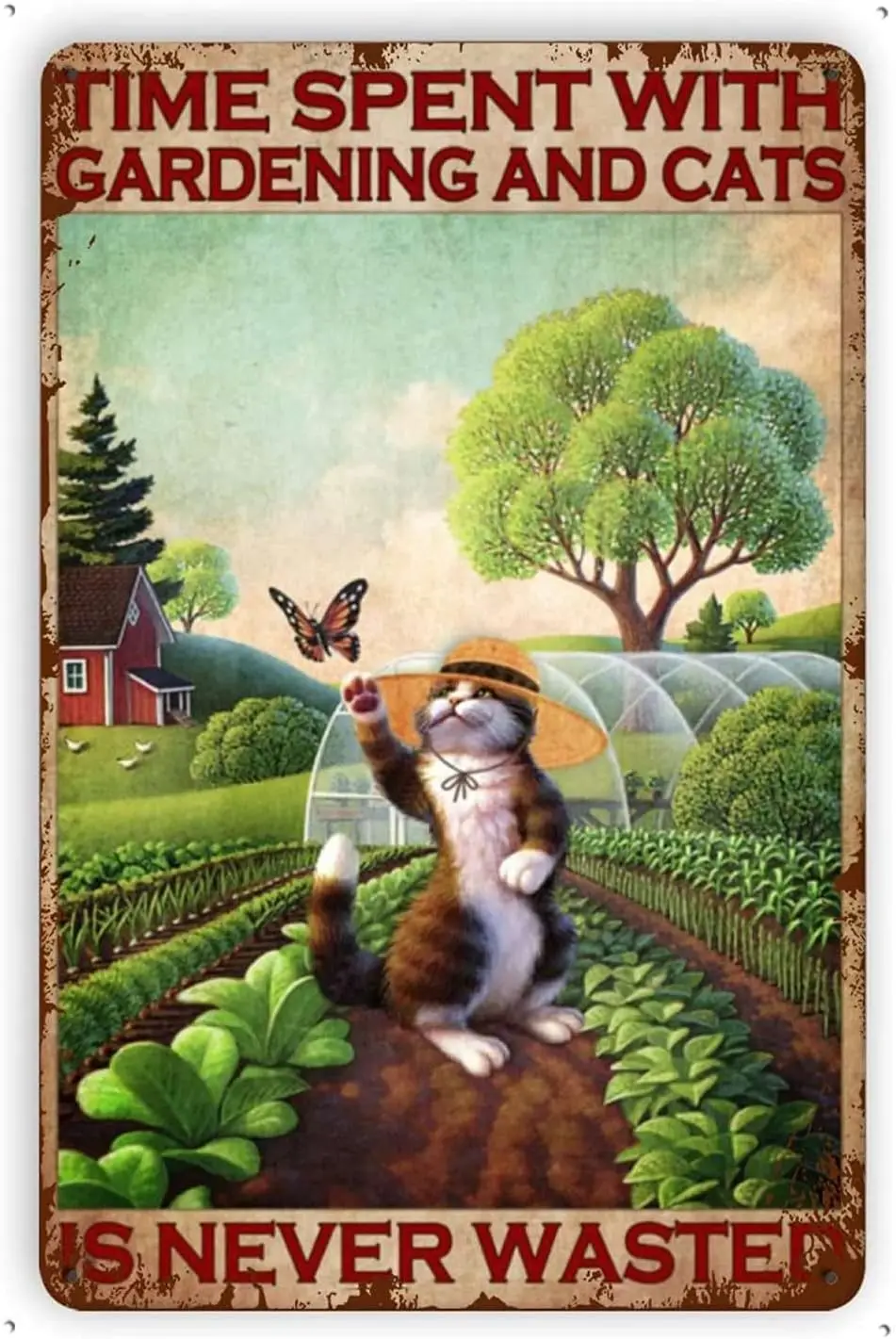 Metal Art Wall Decor for Living Room Time Spent with Cat and Gardening is Never Wasted Tin Sign Vintage Aluminum Sign for Home C