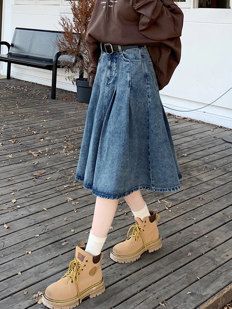 New Women Summer Denim Pleated Skirt Fashion All-match High Waist A-Line Blue Skirt Vintage Casual Jeans Skirt Knee-Length