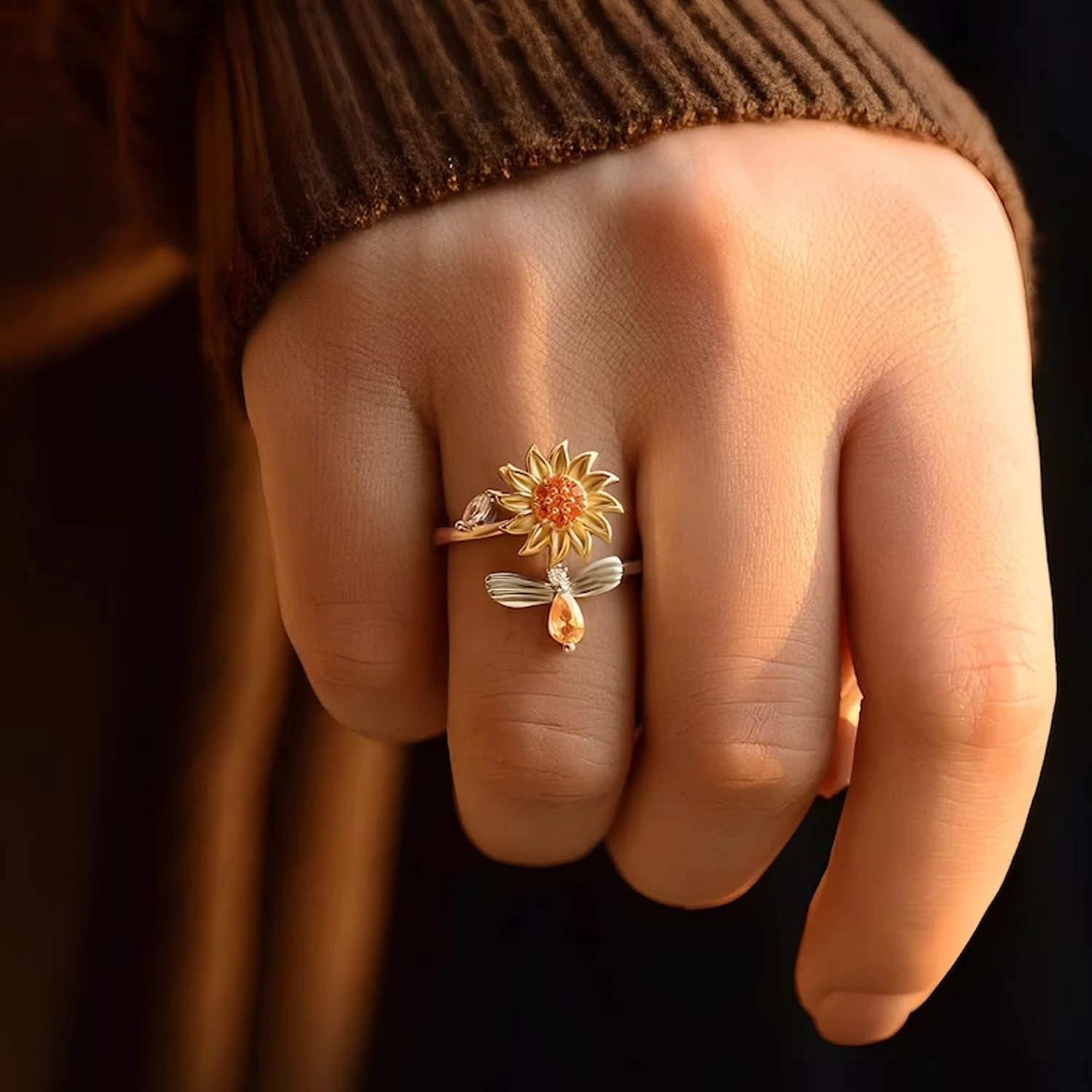 Qitian Valentine's Day Gifts Sunflower Fidget Ring Adjustable  Spin Rings For Women Birthday Gift You are my Sunshine Jewelry