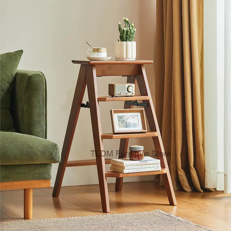 Solid Wood Step Stool Multifunctional Ladder Side Table Portable Household Access Rack for Kitchen Bedroom Balcony Storage