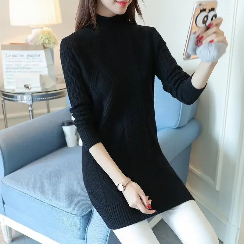 2025 New Autumn Winter Long Knitted Sweater Women Fashion Pullovers Dress Casual Korean Clothes Warm Female Long Sleeve Tops