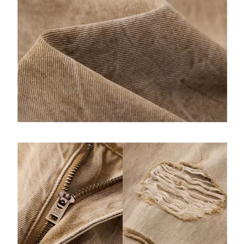 봄-여름 클랜핏 스트레이트 튜브 버전 루즈한 캐주얼 얇은 나방 노란색 천 청바지에 약간의 구멍이 있음