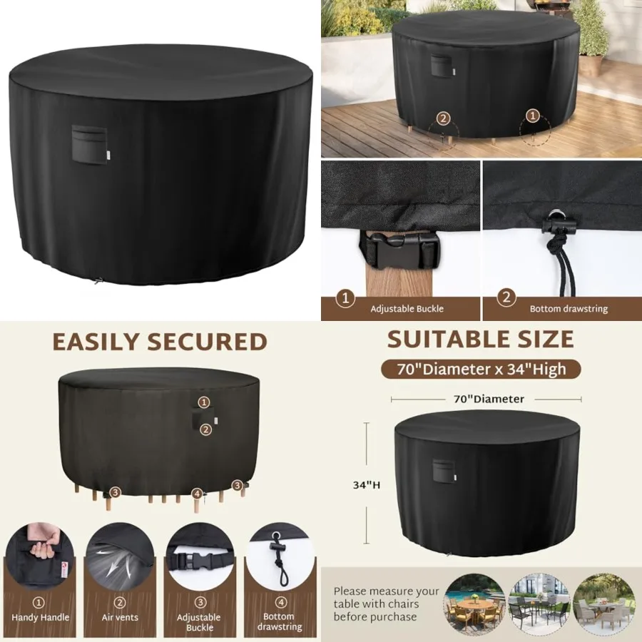 

Round Patio Furniture Cover 70 x 34 inch, Outdoor Waterproof and Weatherproof for Garden Table and Chairs, Heavy Duty 600D, fit
