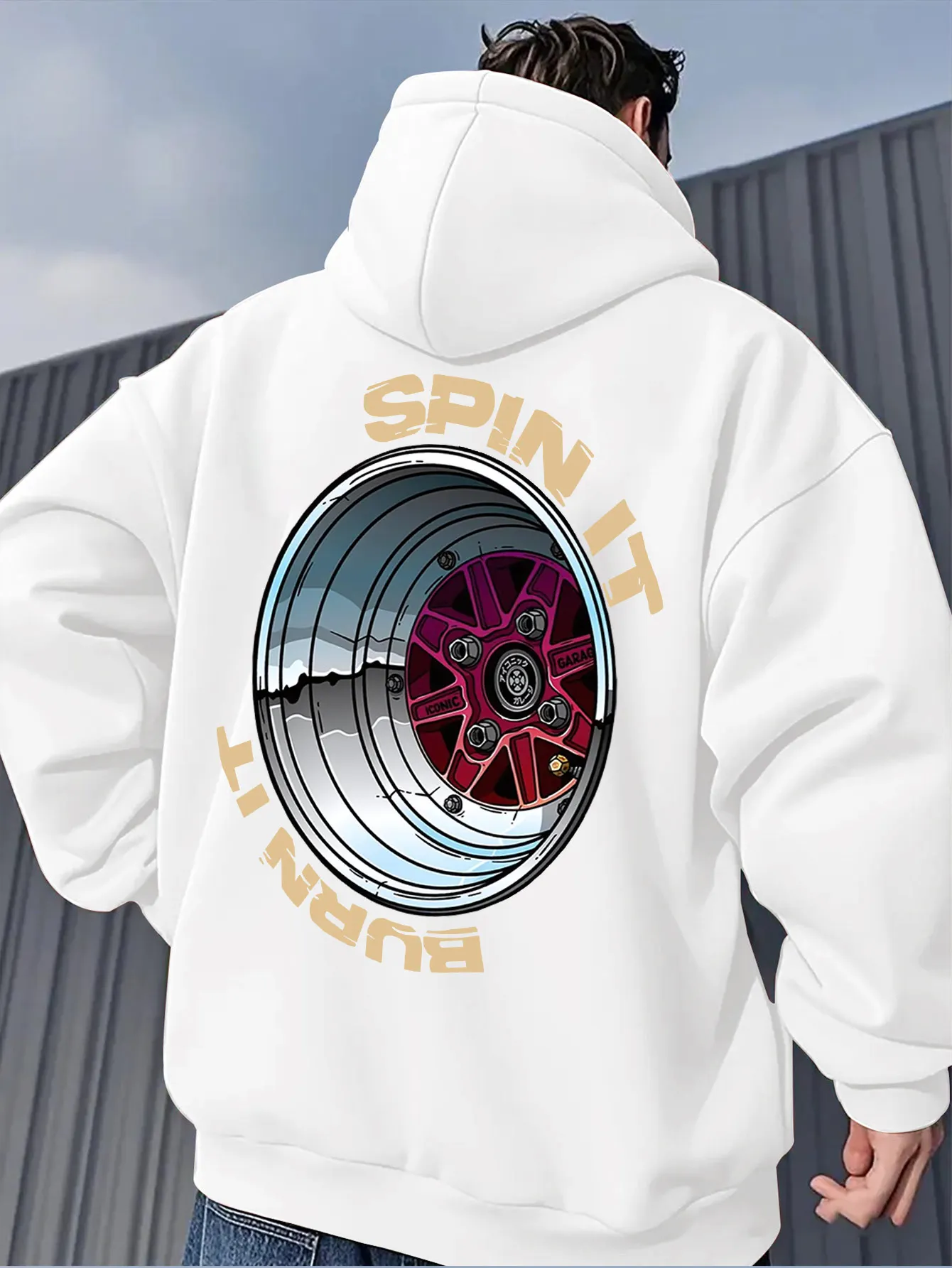 Street-style men's casual hoodie with exquisite wheel rim print, perfect for everyday wear and sports, hip-hop style Y2K.