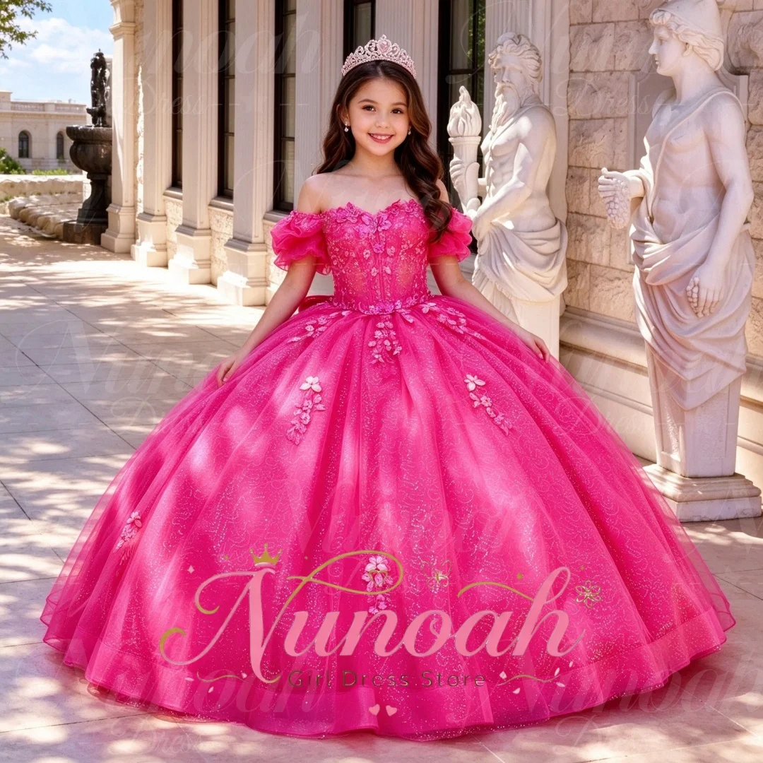 Fuchsia New Design Flower Girl Dress For Wedding with Big Bow Lace Appliques Girl Birthday Party First Communion Gown Customized