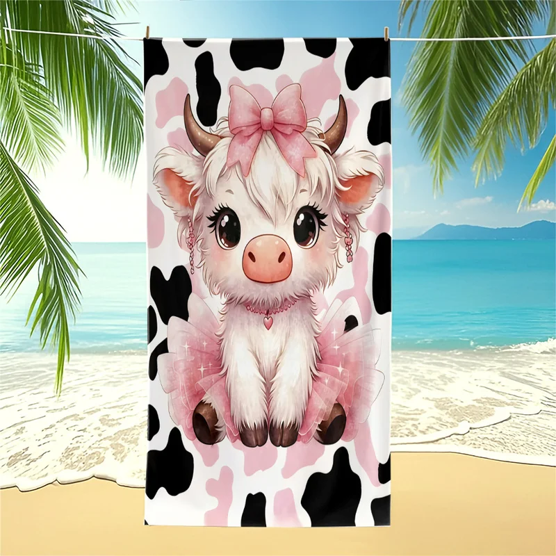 Toalla de playa con estampado de vaca de dibujos animados, lavable a máquina, ligera y portátil, bonita y encantadora para piscina, manta de camping transpirable y a la moda