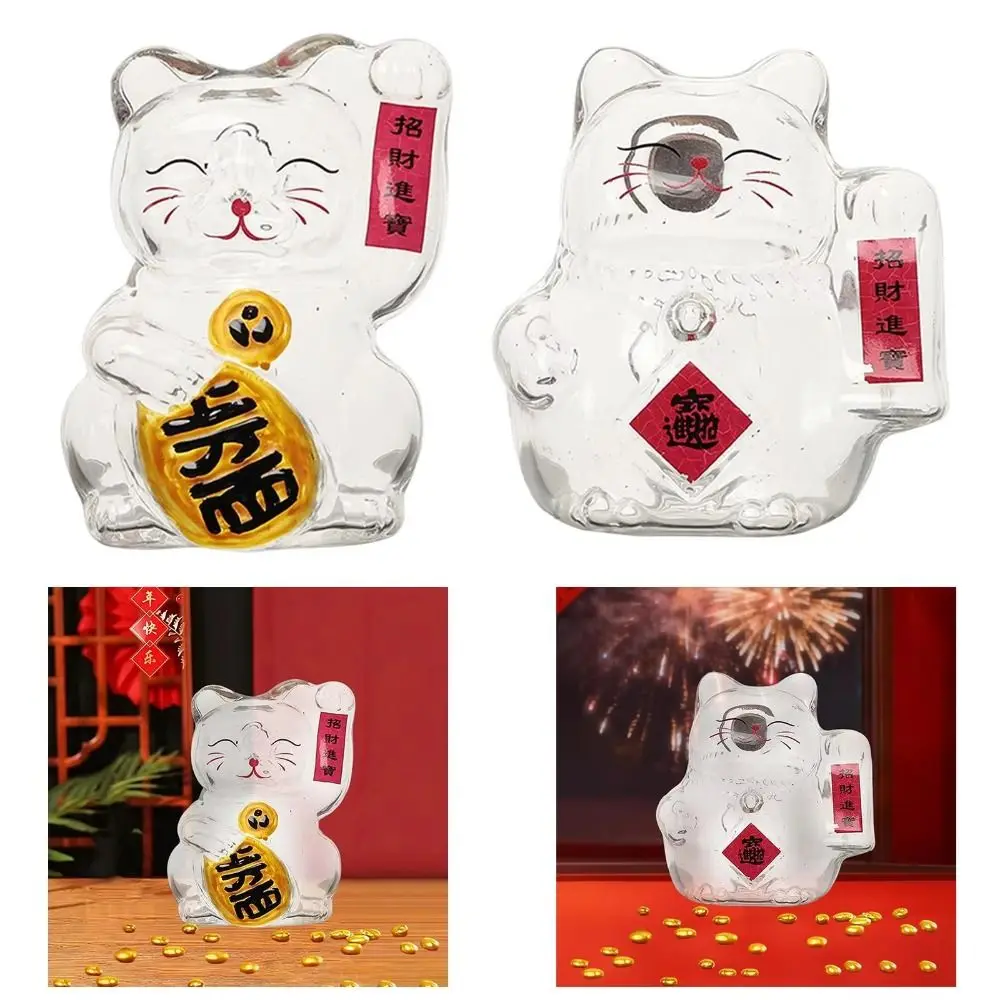 Portable Cute Cat Shape Saving Jar Lucky Cat Decorative Lucky Cat Piggy Bank Clear Glass Gold Bean Container Bookshelf Display