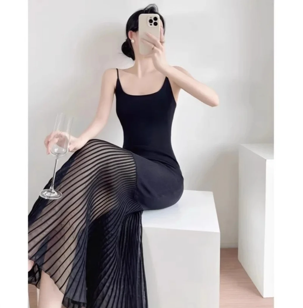 Vestido Sexy de punto satinado con espalda descubierta para mujer, vestido ajustado con tirantes y dobladillo de cola de pez, vestido largo con chaleco de seda helada de alta calidad